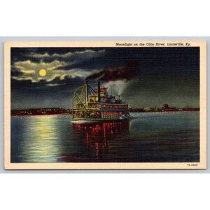 Postcard Kentucky Louisville Moonlight on the Ohio River Steamboat Full Moon KY